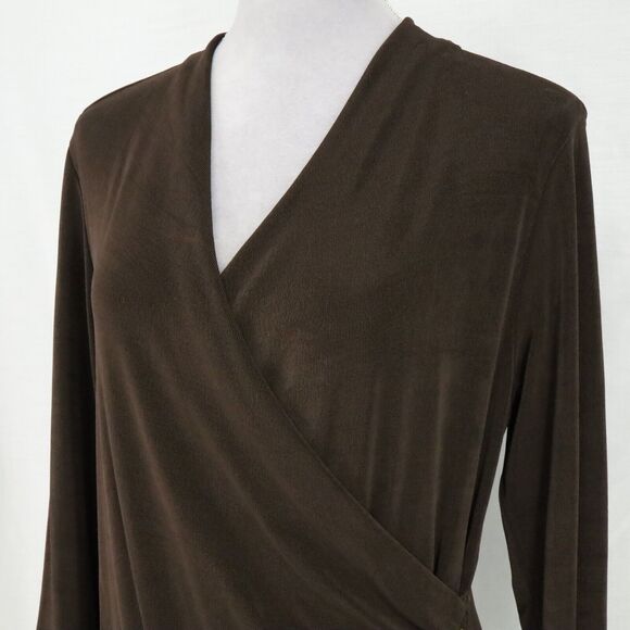 Chicos Travelers Top 1 Womens Medium 8 Brown Stretch Knit Blouse Faux Wrap Long - Picture 9 of 12